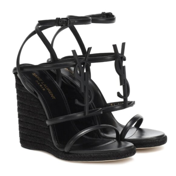 SAINT LAURENT CASSANDRA WEDGE ESPADRILLES BLACK LEATHER MONOGRAM SIZE 7.5 USED - Picture 1 of 1